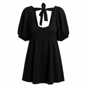 Free People Violet Mini Dress Black Textured Puff Sleeve Open Back Tie Size S